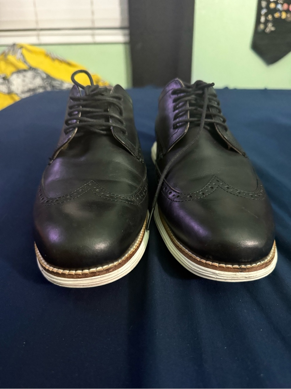 Cole Haan Black Leather Wingtip Oxfords with White Sole